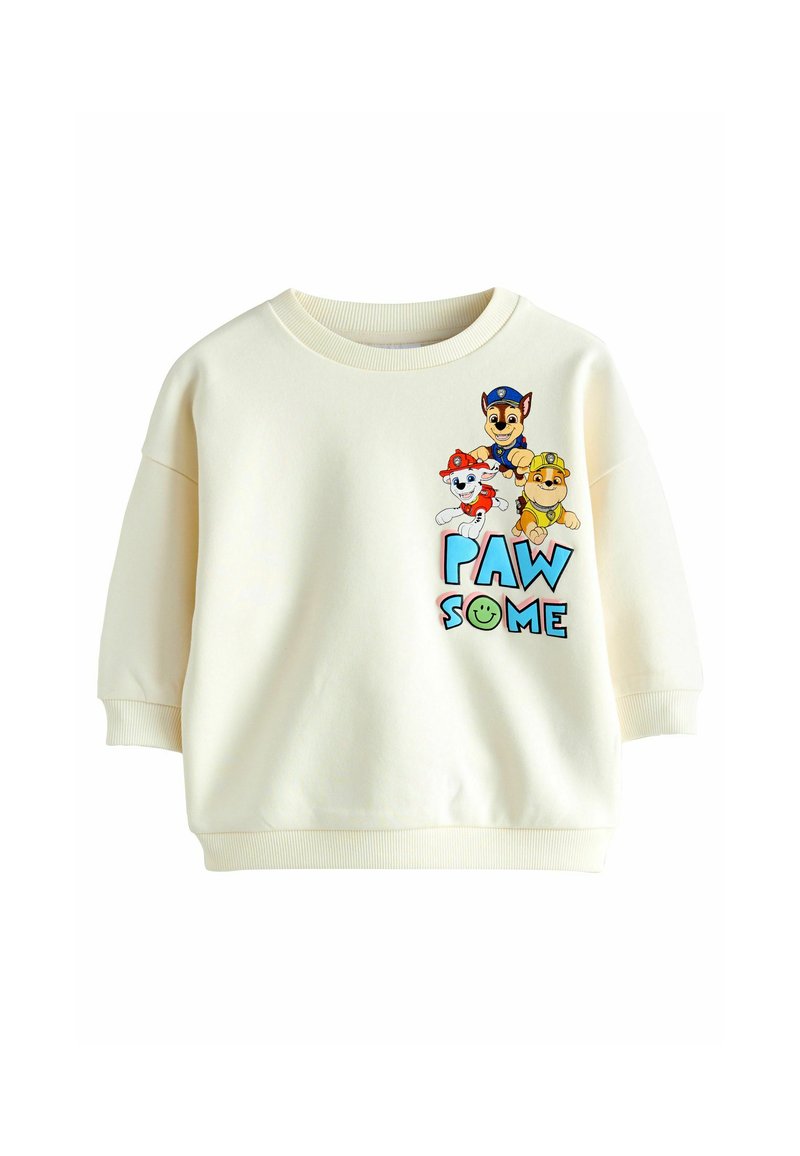 Sweatshirt pour enfants couleur crème avec des chiens animés en tenues de policier et de pompier, et le texte coloré "PAW SOME".