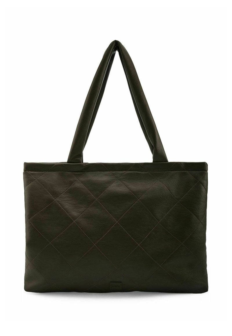 Borsa tote in pelle verde scuro con motivo trapuntato a rombi, due manici lunghi e design minimalista. Texture liscia senza parti metalliche visibili.