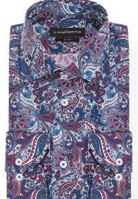 Koszula o slim fit w czerwono-niebiesko-białym wzorze paisley. Posiada klasyczny kołnierzyk oraz białe guziki na mankietach i listewce.