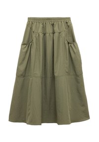 Gonna verde oliva con vita elastica, dotata di due tasche laterali, design svasato e tessuto strutturato con dettagli arricciati.