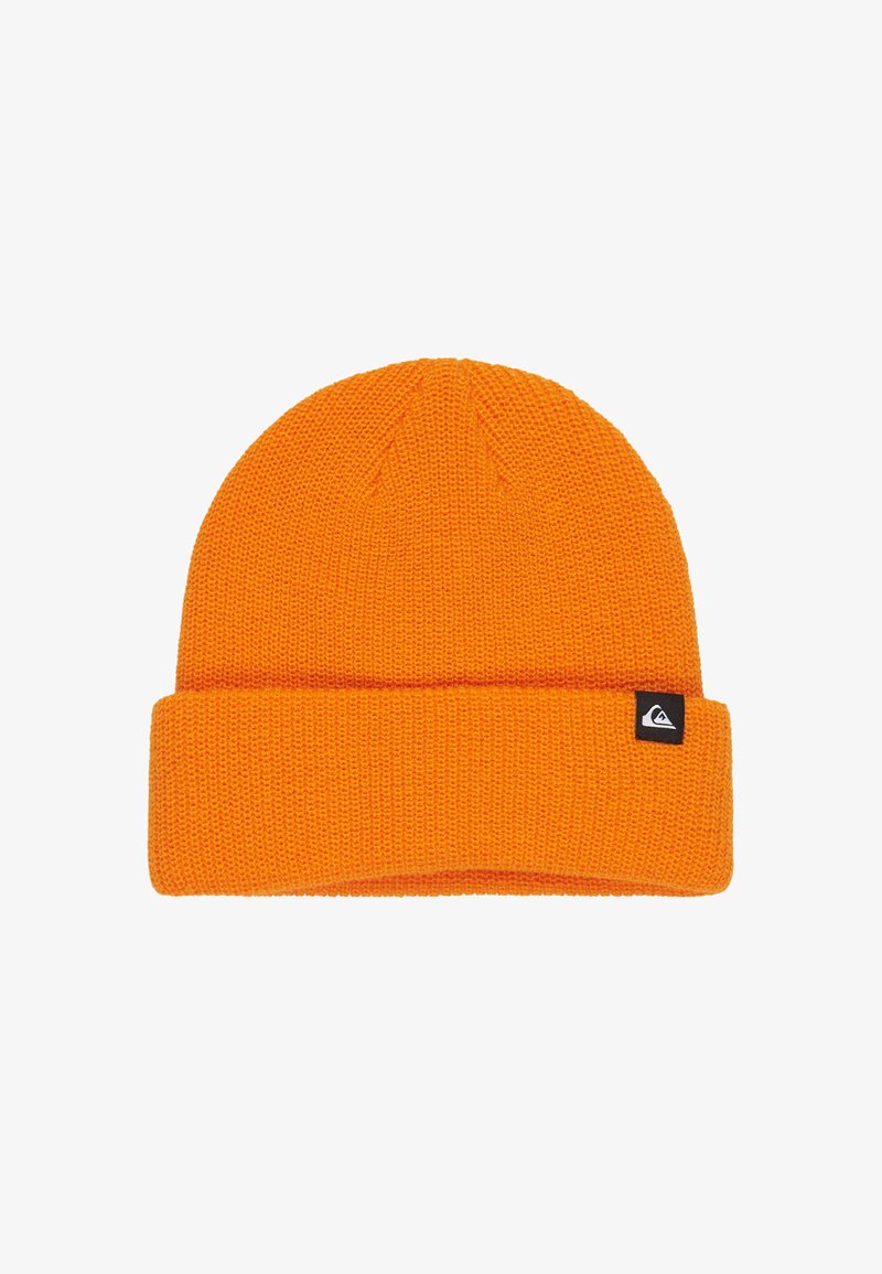 Orange knit beanie with a folded cuff, made from textured fabric. Features a small black logo tag on the side.