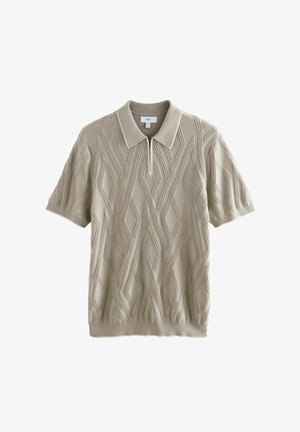 Korte mouwen gebreide polo in beige, met een gestructureerd ruitpatroon, een kraag met een ritssluiting en een geribbelde zoom.