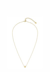 Goldene Halskette mit einer zarten Kette und einem kleinen herzförmigen Anhänger mit glatter Oberfläche. Verstellbare Länge mit Verschluss und Verlängerungskette.