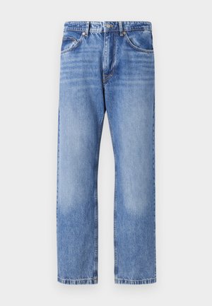 Ljusblå denimjeans med rak bendesign, fem fickor, kontrasterande sömmar och en något urtvättad finish. Knapp- och dragkedjeslutning.