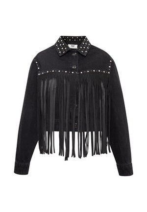 Black denim jacket featuring a cropped design, fringe detailing along the front, silver studs on the yoke, and a standard collar.