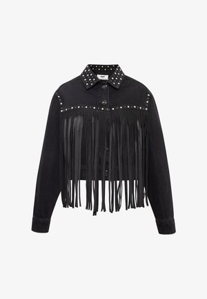 Black denim jacket featuring a cropped design, fringe detailing along the front, silver studs on the yoke, and a standard collar.