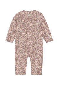 Langärmliger Baby-Body aus weicher Baumwolle, mit einem rosa und cremefarbenen Blumenmuster, runder Halsöffnung, Druckknopfverschluss vorne und gewellten Bündchen.