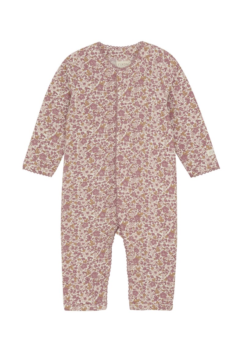 Langärmliger Baby-Body aus weicher Baumwolle, mit einem rosa und cremefarbenen Blumenmuster, runder Halsöffnung, Druckknopfverschluss vorne und gewellten Bündchen.