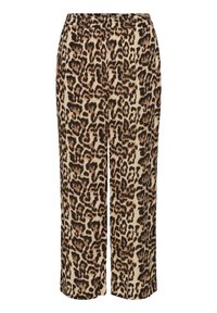 Pantalons en imprimé léopard avec une coupe décontractée, une taille élastique et un tissu léger et doux dans des tons beiges et bruns.