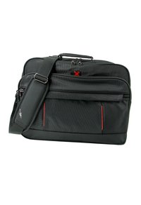 Zwarte laptophoes met een textuur, dubbele ritsen, een verstelbare schouderband en rode accenten op de voorvak en het logo.