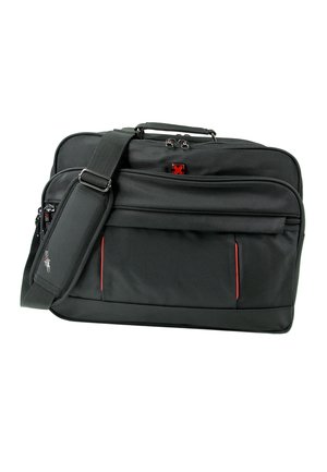 Zwarte laptophoes met een textuur, dubbele ritsen, een verstelbare schouderband en rode accenten op de voorvak en het logo.