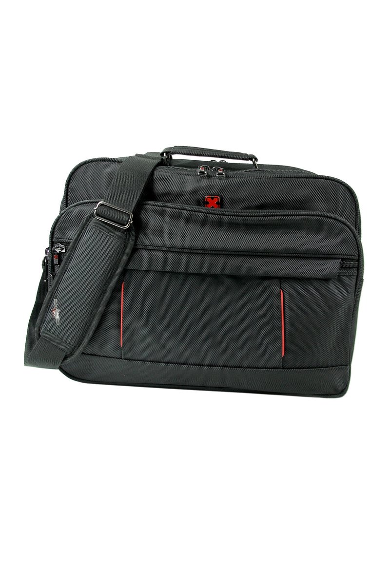 Zwarte laptophoes met een textuur, dubbele ritsen, een verstelbare schouderband en rode accenten op de voorvak en het logo.