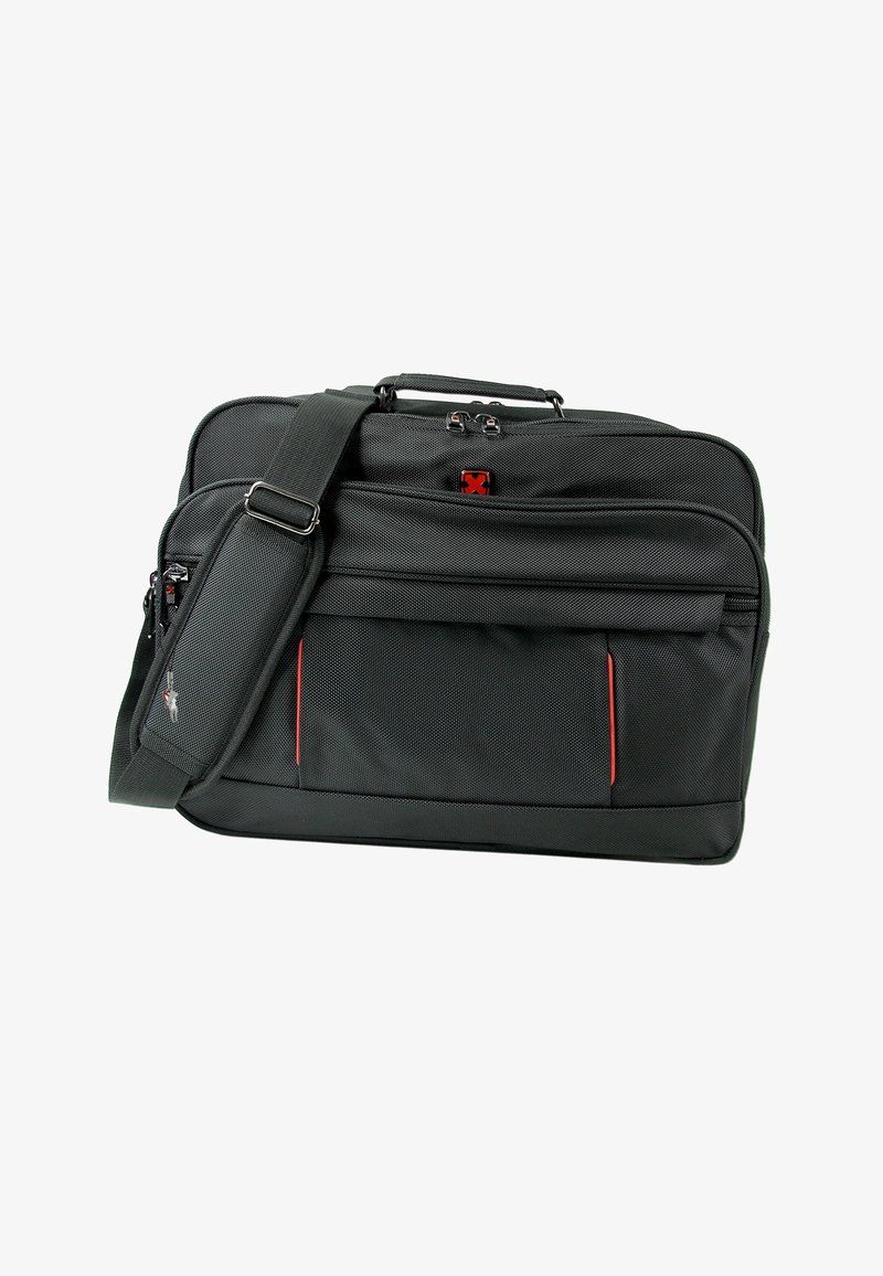 Zwarte laptophoes met een textuur, dubbele ritsen, een verstelbare schouderband en rode accenten op de voorvak en het logo.