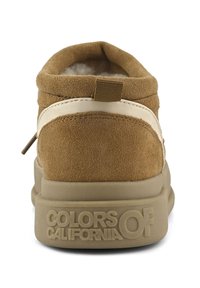 Brown suede sneaker with beige sole, white accent strip, pull tab, and "COLORS OF CALIFORNIA" embossed on the heel.