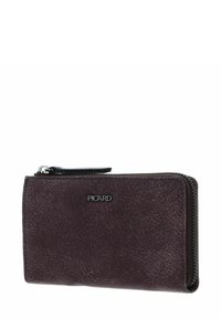 Portefeuille zippé en cuir marron foncé avec surface texturée et logo métallique "PICARD" sur le devant.