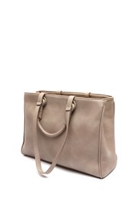 Beige läder tote-väska med två handtag, rektangulär form, texturerad yta och subtil sömnad. Ingen synlig hårdvara eller mönster.