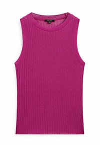 Prążkowany, bezrękawnik w jasnym magencie. Posiada okrągły dekolt i dopasowany krój. Wykonany z elastycznej dzianiny.