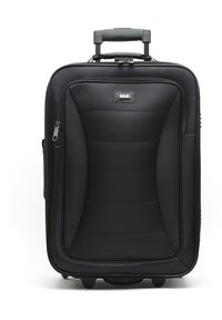 Black wheeled suitcase with textured fabric, a zippered front pocket, padded design, retractable handle, and smooth wheels for mobility.