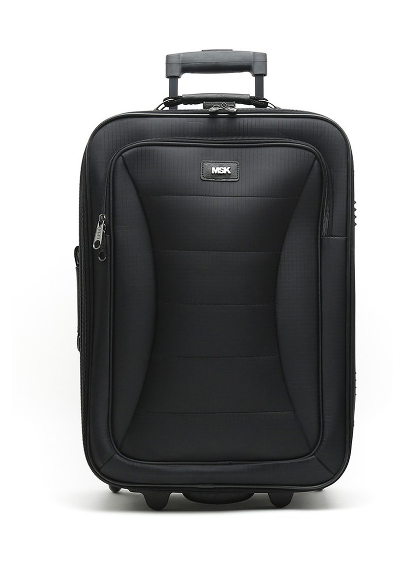 Black wheeled suitcase with textured fabric, a zippered front pocket, padded design, retractable handle, and smooth wheels for mobility.