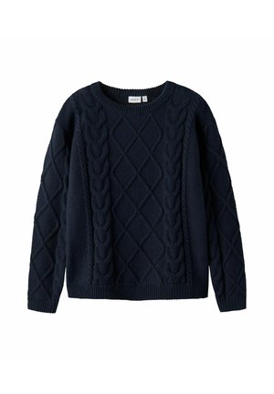 Pull en tricot bleu marine avec des motifs en câble et en losange. Il possède un col rond et des poignets et un ourlet côtelés. Tissu doux et texturé.