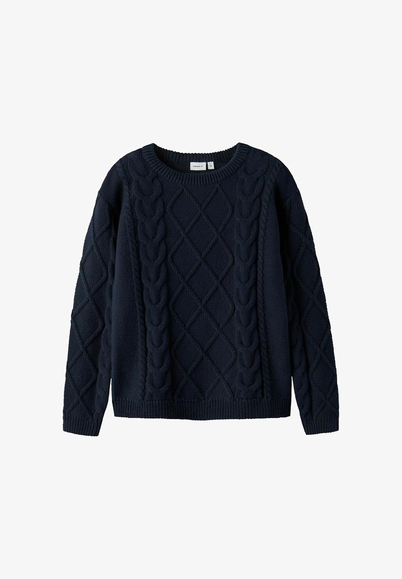 Temno modra pletena jopica z vrvico in diamantskimi vzorci. Ima ovratnik s krožnim izrezom ter rebraste manšete in spodnji rob. Mehka teksturirana tkanina.