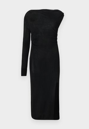 Rochie neagră asimetrică din tricot cu un mânecă lungă, talie drapată și deschidere pe coapsa dreaptă.