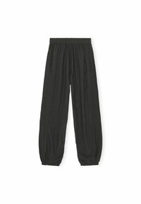 Pantaloni leggeri di colore grigio scuro con vita elastica e polsini arricciati; il tessuto presenta una sottile texture e un design dalla vestibilità ampia.