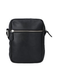 Borsa a tracolla in pelle nera con una superficie liscia, forma rettangolare, chiusura con zip argentata e tasca frontale con zip.