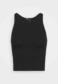 Haut court noir côtelé avec un col rond et sans manches, présentant un tissu texturé et une silhouette ajustée.