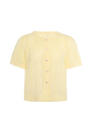 Korte mouwen, lichtgele blouse met ronde hals, knoopsluiting aan de voorkant en subtiel textuurpatroon op lichtgewicht stof.