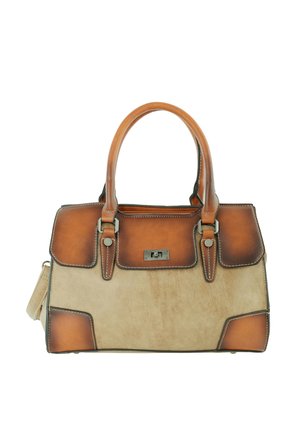 Tweekleurige bruine en beige handtas met dubbele handvatten, metalen sluiting en verstevigde hoekstukken op een effen achtergrond.