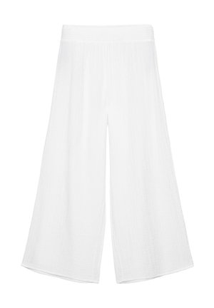 Lockere weiße Hosen mit weitem Bein, elastischem Bund, leichtem Stoff und knöchellangem Saum.