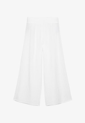 Pantaloni bianchi larghi a gamba larga con vita elastica, tessuto leggero e orlo alla caviglia.