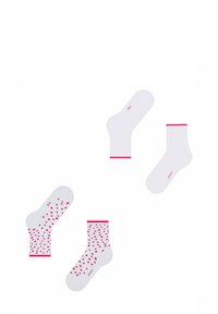 Weiße Socken, zwei einfarbig und zwei mit einem Muster aus pinken Punkten. Die einfarbigen Socken haben oben pinke Bänder; die gesamte Textur ist weich.