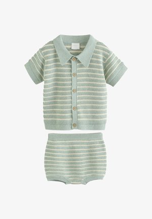 Gebreide tweedelige set bestaande uit een lichtgroen kortemouwen top met kraag, knoopsluiting en gestreept patroon, gecombineerd met bijpassende shorts.