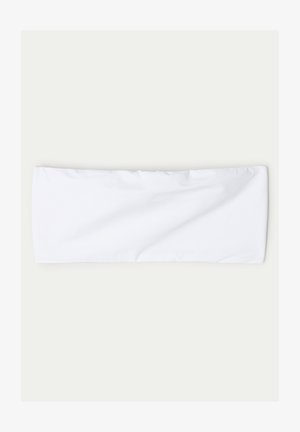Bandeau en tissu extensible blanc, forme rectangulaire, texture lisse, conçu pour le confort et un maintien sécurisé, adapté à diverses activités.