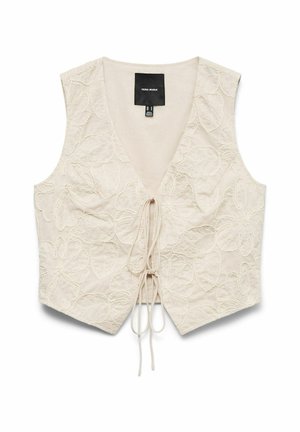 Veste beige sans manches avec broderie florale, col en V profond et fermeture à nouer à l'avant, étiquetée Vero Moda, posée à plat sur fond blanc.