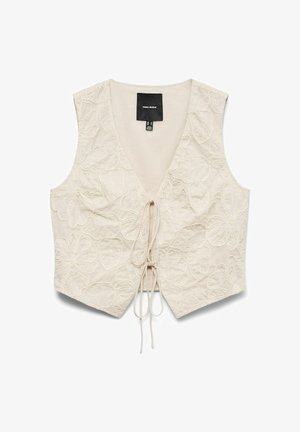 Veste beige sans manches avec broderie florale, col en V profond et fermeture à nouer à l'avant, étiquetée Vero Moda, posée à plat sur fond blanc.