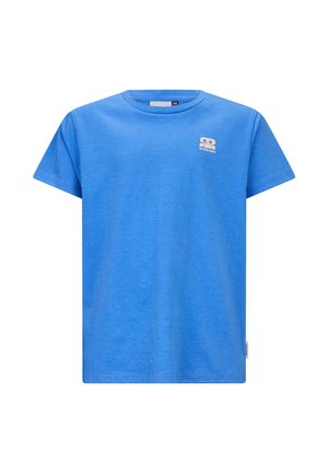 Niebieski, gładki t-shirt z krótkim rękawem i okrągłym dekoltem, z małym białym logo na górnej lewej części klatki piersiowej oraz metką materiałową na dolnym bocznym szwie.