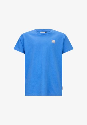 Effen blauwe korte mouws T-shirt met ronde hals, voorzien van een klein wit logo aan de bovenkant van de linkerborst en een stoffen label in de onderste zijnnaad.