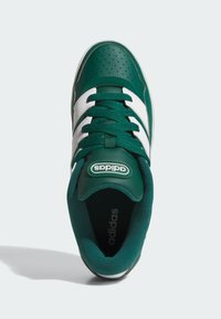 Grön och vit sneaker med en perforerad läderöverdel, texturerad tygtunga och gröna snören. Har en cirkulär logotyp på hälen.