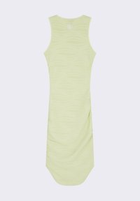 Robe sans manches vert clair avec une texture subtile en vagues, ourlet arrondi et détails froncés sur les côtés. Composition en tissu doux et extensible.