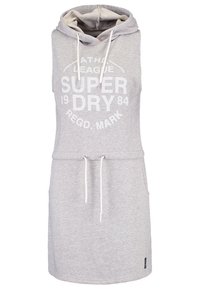 Grau ärmelloses Hoodie-Kleid aus weichem Fleece, mit einer Vorderasche, Kordelzug in der Taille und großen weißen grafischen Text.