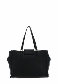 Sac fourre-tout en cuir noir avec deux poignées supérieures, forme rectangulaire, et un détail de panneau plat à l'avant. Texture lisse et quincaillerie minimaliste.