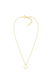 Goldenes Halskettchen mit einer zarten Kette und einem offenen Herzanhänger. Verfügt über einen sicheren Verschluss und eine verstellbare Länge mit zusätzlichen Gliedern.