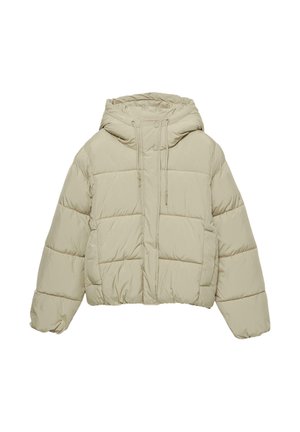 Gewatteerde, cropped jas in lichtbeige. Voorzien van een trekkoordcapuchon, voor knopen en horizontale quilted secties voor isolatie.