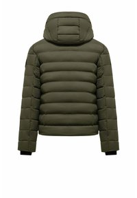 Olijfgroen gewatteerd jack met een capuchon, met een quiltontwerp en geribbelde manchetten. De achterkant toont een gladde textuur en een compacte silhouet.