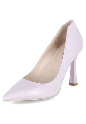 Lilac leather high-heeled pump with a pointed toe and a square heel featuring a transparent accent. Smooth texture and simple design.