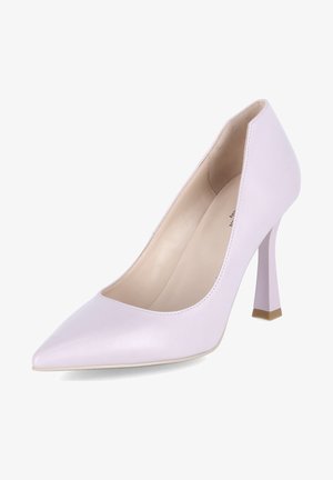 Escarpins à talon haut en cuir lilas avec un bout pointu et un talon carré présentant un accent transparent. Texture lisse et design épuré.