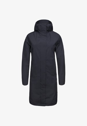 Long dark navy waterproof coat with a high collar, full front zip, and long sleeves. Smooth texture, minimalistic design, no visible embellishments.